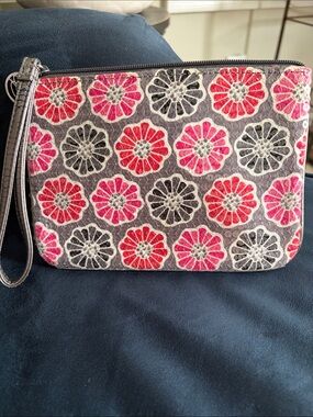Vera Bradley Floral Embroidered Wristlet Clutch in Pink, Red & Gray